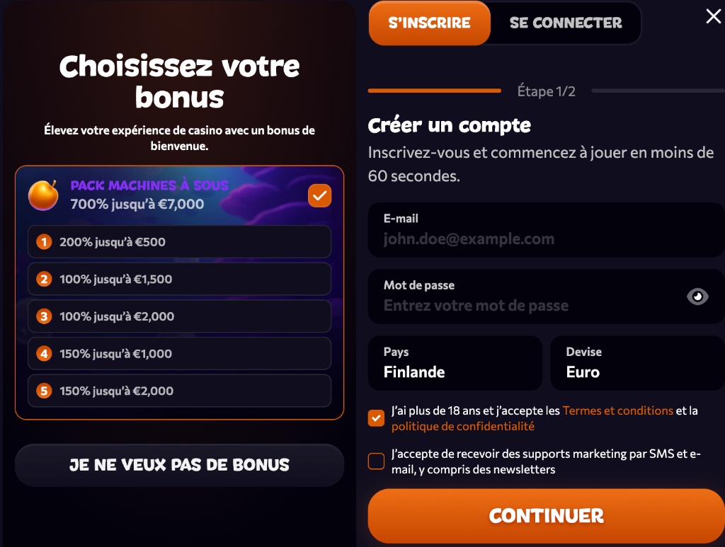 Écran d'inscription Aphrodite Casino : choix du bonus de bienvenue et formulaire de création de compte (e-mail, mot de passe, pays, devise)
