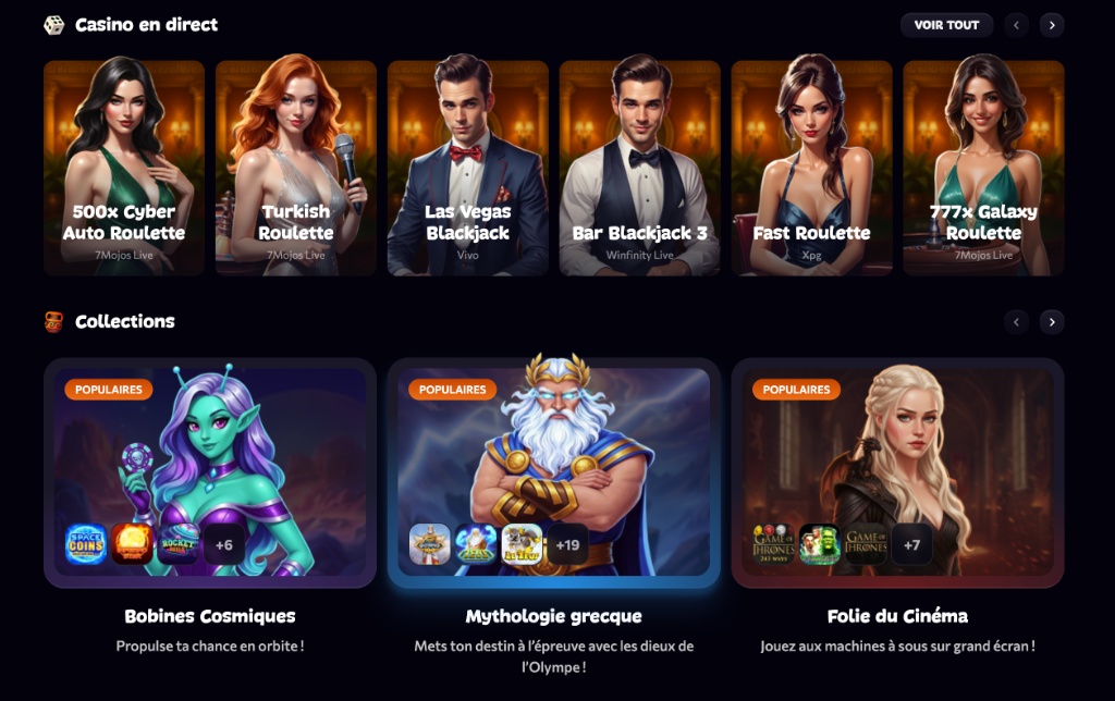 Casino en direct sur Aphrodite Casino : 500x Cyber Auto Roulette, Turkish Roulette, Las Vegas Blackjack, Bar Blackjack 3, Fast Roulette, 777x Galaxy Roulette, et collections Bobines Cosmiques, Mythologie grecque et Folie du Cinéma