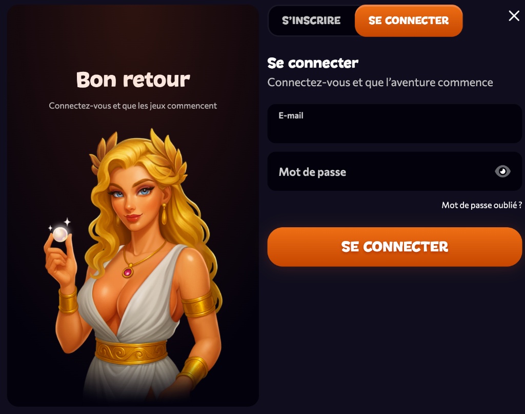 Écran de connexion Aphrodite Casino « Bon retour » avec l'illustration de la déesse Aphrodite et le formulaire e-mail / mot de passe