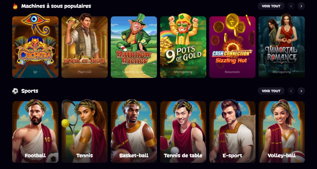 Machines à sous populaires (Cleopatra, Book of Dead, Rainbow Riches, 9 Pots of Gold, Sizzling Hot, Immortal Romance) et paris sportifs (football, tennis, basket-ball, tennis de table, e-sport, volley-ball) sur Aphrodite Casino